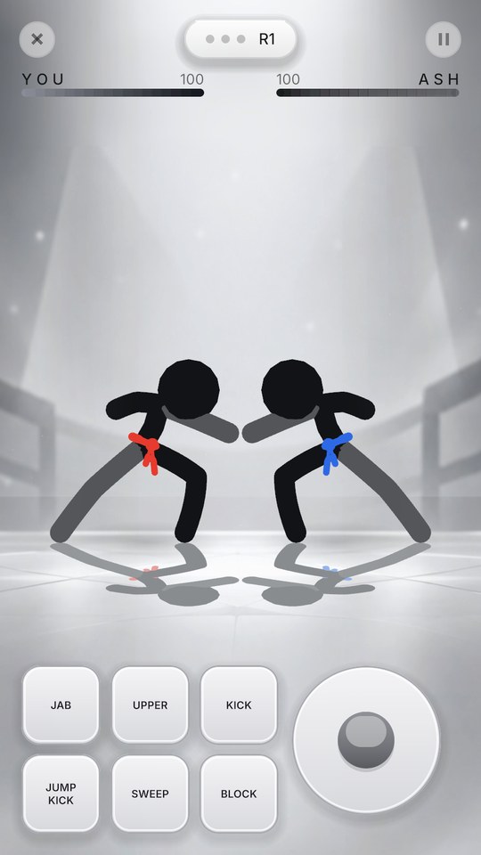 STIX Duel on a phone in the light ring: two stick fighters squared up at the start of round one.
