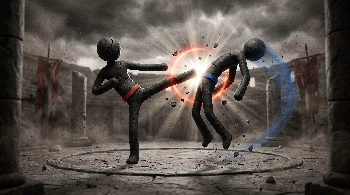 Two dark clay stick figures with red and blue belts facing off in an ancient colosseum at sunset.