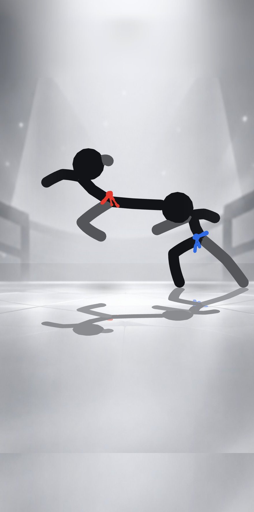 Two stick figures in a white boxing hall, the red-belt fighter in the air landing a jump kick on the blue-belt fighter.
