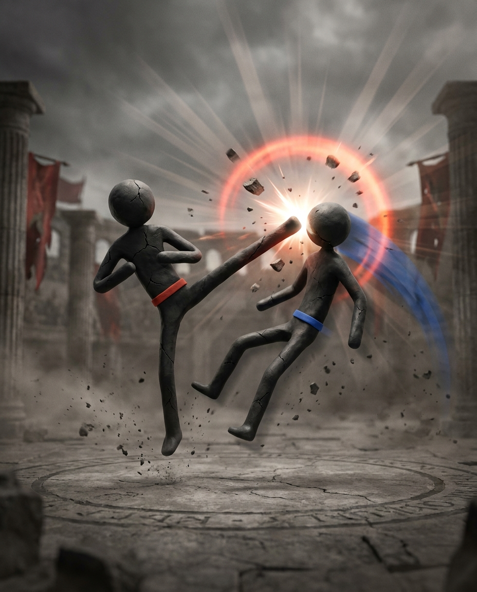 Two clay stick figures in an ancient arena, one landing a high kick as the other is knocked back in a burst of light.